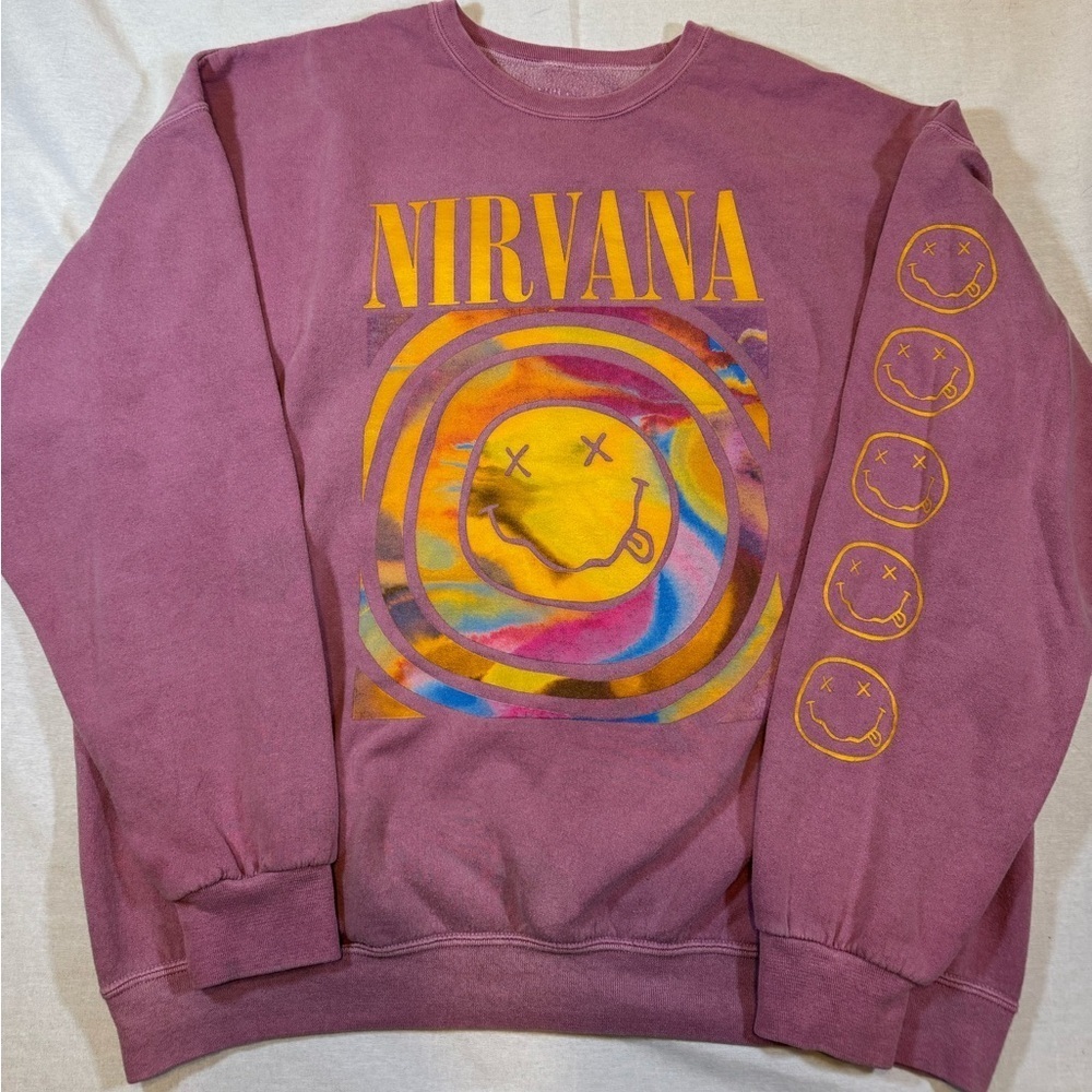 Urban Outfitters Oversized Nirvana Graphic Faded Pink Crewneck Sweatshirt - Picture 1 of 8